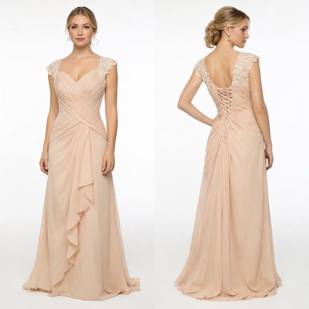 NWOT Champagne Mother Of The Bride Dress Pleated Lace Elegant Evening Gown Sz 12